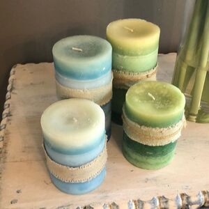 Four piece candle bundle.Blue green